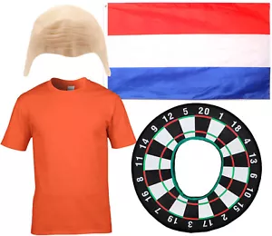 Mens Darts Fancy Dress Costume Van Gerwen Style Bald Cap Dutch Flag T-Shirt - Picture 1 of 8