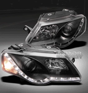 06-08 VW PASSAT B6 PROJECTOR HEADLIGHTS R8 STYLE STRIP DRL LED BLACK LEFT+RIGHT - Bild 1 von 2