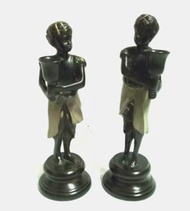 40s 50s Two Heavy Bronze Figurines Boys With Candle Holders On Base 40s 50s - Picture 1 of 6