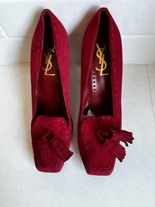 Classic Trendy YSL Yves Saint Laurent Square Toe Red Suede Heels Sz 40 - Picture 1 of 8