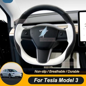 White Black Leather Suede Car Steering Wheel Cover For Tesla Model 3 Model Y - Imagen 1 de 6
