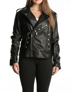 Chaqueta de moto Belle Vere 244576 informal de cuero genuino negra talla grande para mujer - Imagen 1 de 3