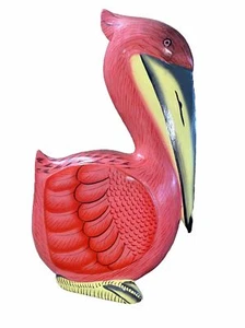 SITTING PELICAN HAND CARVED WOOD TROPICAL SCULPTURE BIRD DECOR - Picture 1 of 3
