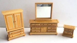 Dollhouse Miniature Wood Bedroom Set Armoire Dresser Mirror Nightstand 1:12 - Picture 1 of 14