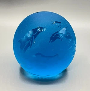 Blue Frosted Round Glass Stenciled Dolphin Paperweight - Picture 1 of 12
