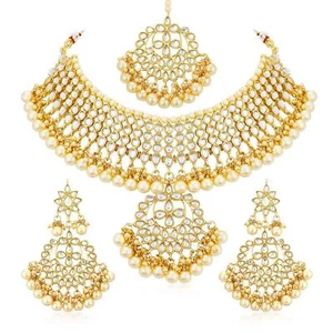 Juego de Collares para Mujer Kundan Enchapado en Oro Boda Perla Gargantilla Novia Joyería - Imagen 1 de 7
