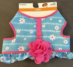 SIMPLY DOG BLAU WEISS GÄNSEBLÜMCHEN ROSA BORTE RÜSCHENGESCHIRR Welpe/Hund LARGE Neu mit Etikett - Bild 1 von 3