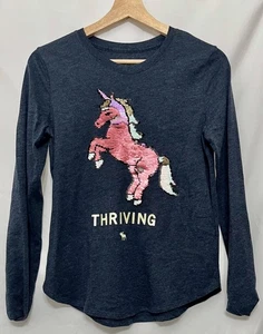 2510111 Girls 15/16 ABERCROMBIE KIDS Gray L/S Unicorn Sequined Tee T Shirt EUC - Picture 1 of 3