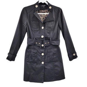Vintage For Cynthia Black Trench Coat Leopard Print Lining Ruffled Wrists Size M - Picture 1 of 12
