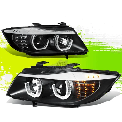 LED DRL Halo Projector Headlights for BMW 3-Series E90 Sedan 05-08 Black L+R - Image 1 of 4