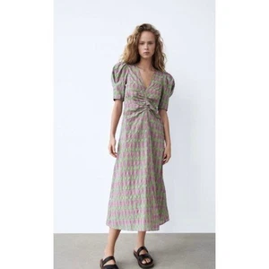 ZARA Damen Midikleid mit Karomuster und Puffärmeln Medium - Bild 1 von 12