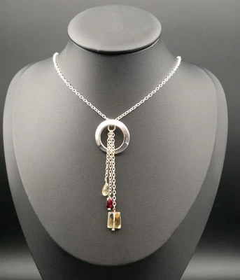 Artist Made Sterling Silver Lariat Style Necklace with Citrine & Garnet Gemstone - Image 1 of 4