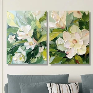 Arte botánico con flores verdes y blancas 2 piezas arte de pared lienzo sin marco - Imagen 1 de 6
