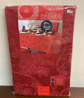 New Sealed Damask Red Tablecloth Christmas Ribbons Holiday 70 Round - Image 1 of 4