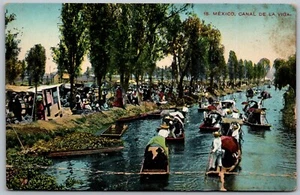 Mexiko Canal De La Viga 1920 Postkarte Boote Zuschauer Knick - Bild 1 von 2