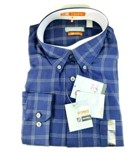 Van Heusen Men Traveler Button-Up Shirt No Iron Long Sleeve Blu Black Iris Sz L - Picture 1 of 12