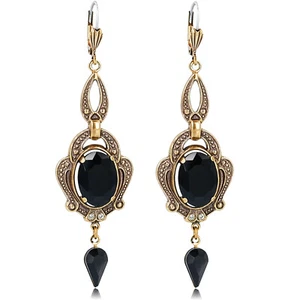 Jugendstil Ohrringe Gold Schwarz mit Markenkristallen Chandelier Ohrhänger NO... - Bild 1 von 6
