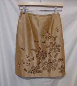 Ann Taylor Pencil Skirt 0P Petite Gold Embroidered Floral Lined Zip Up Silk - Picture 1 of 11