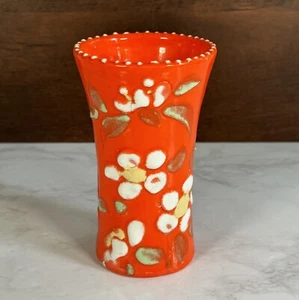 Vintage 1979 Hobbiest Painted Ceramic Vase Orange w/ White Yellow Green Florals - Picture 1 of 8