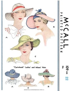 McCall 109 PATTERN Wide Brim DERBY Cap Hats 1930's - Picture 1 of 4