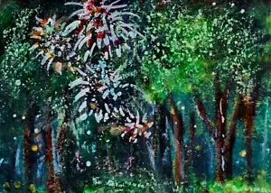 Pintura ORIGINAL ACEO Árbol de Verano FUEGOS ARTIFICIALES Naturaleza Noche Estrellas Diversión 4 Julio ARTE - Imagen 1 de 1