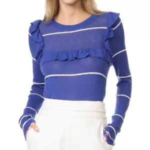 WILDFOX Ruffle Detail Crewneck Sweater Blue Stripe Size Medium Distressed - Picture 1 of 11
