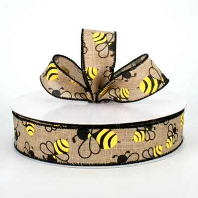 Yellow Black Bumble Bees on Natural 1.5" x 2 yd Wired Ribbon Spring Summer - Image 1 of 4