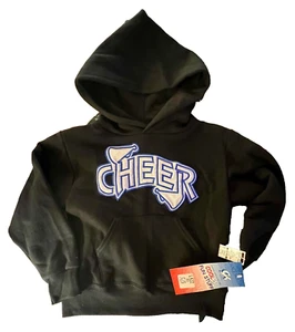 GK "CHEER" GIRLS SMALL BLACK SWEATSHIRT HOODIE BLUE SILVER METALLIC LOGO SZ S - Picture 1 of 8