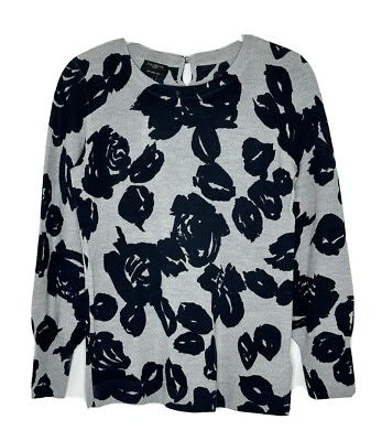 Nuevo Suéter Ligero $99 Talbots Gris Marino Floral 100% Pura Lana Merino Talla P Foto 1 de 4