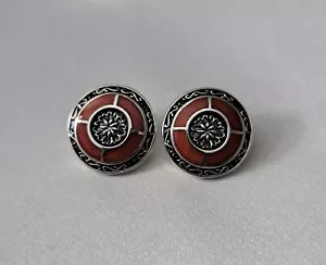 Sterling Silver 925 Round Red/Orange Enamel Stud Earrings #2145 - Picture 1 of 5