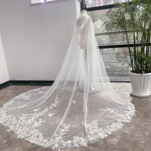 Wedding Shawl White Ivory Hooded Cloak Lace Appliques Tulle Bridal Accessories - Picture 1 of 8
