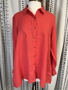 Camicia asimmetrica Eileen Fisher lino irlandese biologico M rossa minimalista Lagenlook - Foto 1 di 11