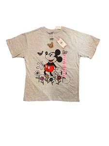 Disney Mickey Mouse besticktes T-Shirt Tee grau Blumen Schmetterlinge klein - Bild 1 von 9