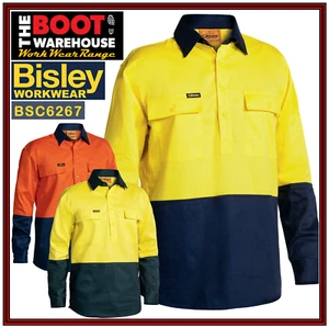 Bisley BSC6267 Men's Workwear Hi-Vis CLOSED FRONT Cotton Drill Shirt Long Sleeve - Picture 1 of 17