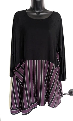 Cómoda túnica EE. UU. púrpura negro rayas elegante bolsillo lagenlook artístico plus 1X Foto 1 de 4