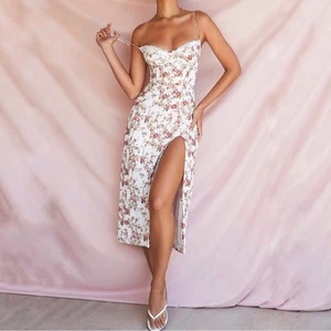 House of CB Charlotte Rosenmuster Korsett Midi Sommerkleid weiß rosa Large Plus - Bild 1 von 16