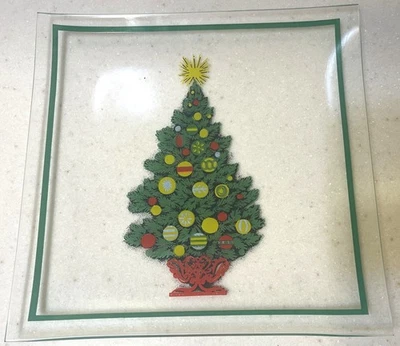 CHRISTMAS TREE SQUARE CLEAR GLASS PLATE 7.75" vintage holiday country farmhouse  - Image 1 of 4