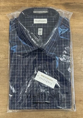 Camisa de vestir Van Heusen para hombre 17,5 34/35 de tela ancha sin arrugas azul oscuro a cuadros Foto 1 de 4