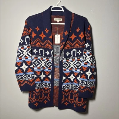 Cárdigan mujer LUCKY BRAND chal abierto azteca occidental de gran tamaño azul rojo blanco Foto 1 de 4