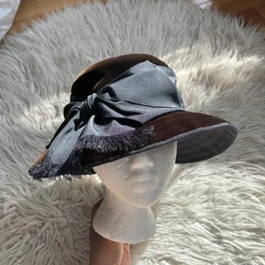 Eric Javits Vintage braun schwarz Samt Farbblock Ripsband Schleife Fascinator Hut EUC - Bild 1 von 12