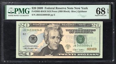 FR. 2095-BSOI 2009 $20 FRN FEDERAL RESERVE NOTE SOI PRESS PMG GEM UNC-68EPQ (C) - Image 1 of 2