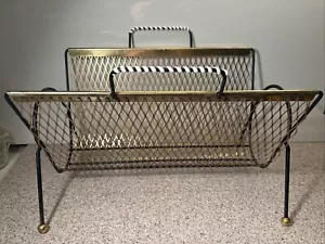 Mid Century Magazine Newspaper Rack Record Holder Brass Gold Tone Mesh Black - Bild 1 von 13
