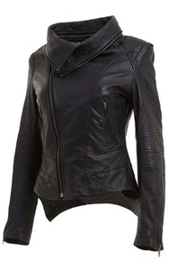 Infinity New Ladies Short Retro Black Removable Collar Leather Biker Jacket - Picture 1 of 4