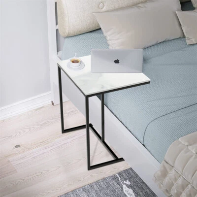 Mesa auxiliar de sofá blanco de alto brillo en forma de C mesa auxiliar de centro mesa ancha de mármol Foto 1 de 4