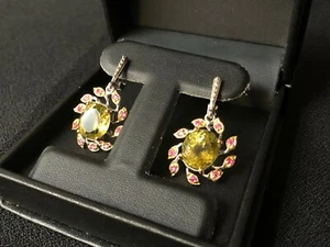 OVAL CUT TOP YELLOW QUARTZ RED RUBY CLUSTER SILVER EARRINGS 1/2 PRICE - Bild 1 von 2