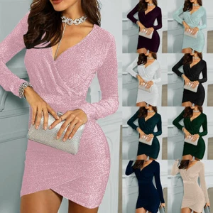 Sexy Women V-Neck Party Evening Mini Dress Sequin Ball Gown Bodycon Party Dress - Picture 1 of 20