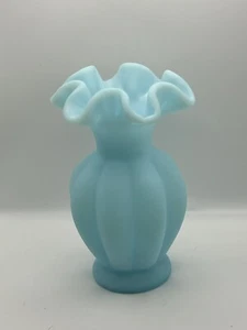Vtg Fenton Blue Satin Ruffled Melon Vase - Picture 1 of 5
