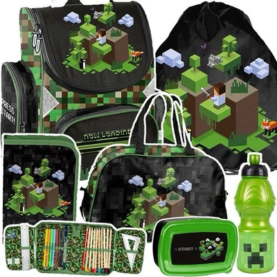PIXEL Game play  Schulranzen Federmappe 7 tl  SET  Minecraft Trinkflasche - Bild 1 von 3