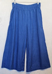 Anthropologie The Somerset Sz M Blue Linen Pull-On Wide Leg Pants Elastic Waist - Picture 1 of 7