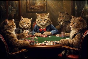 Serious looking cats playing a hand or two of poker - Picture 1 of 2